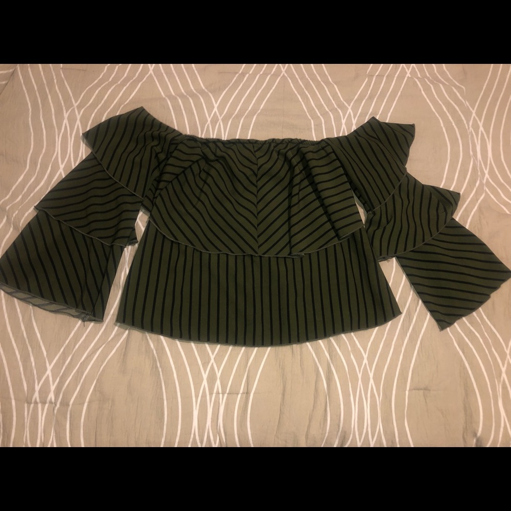 Off the shoulder green black striped blouse